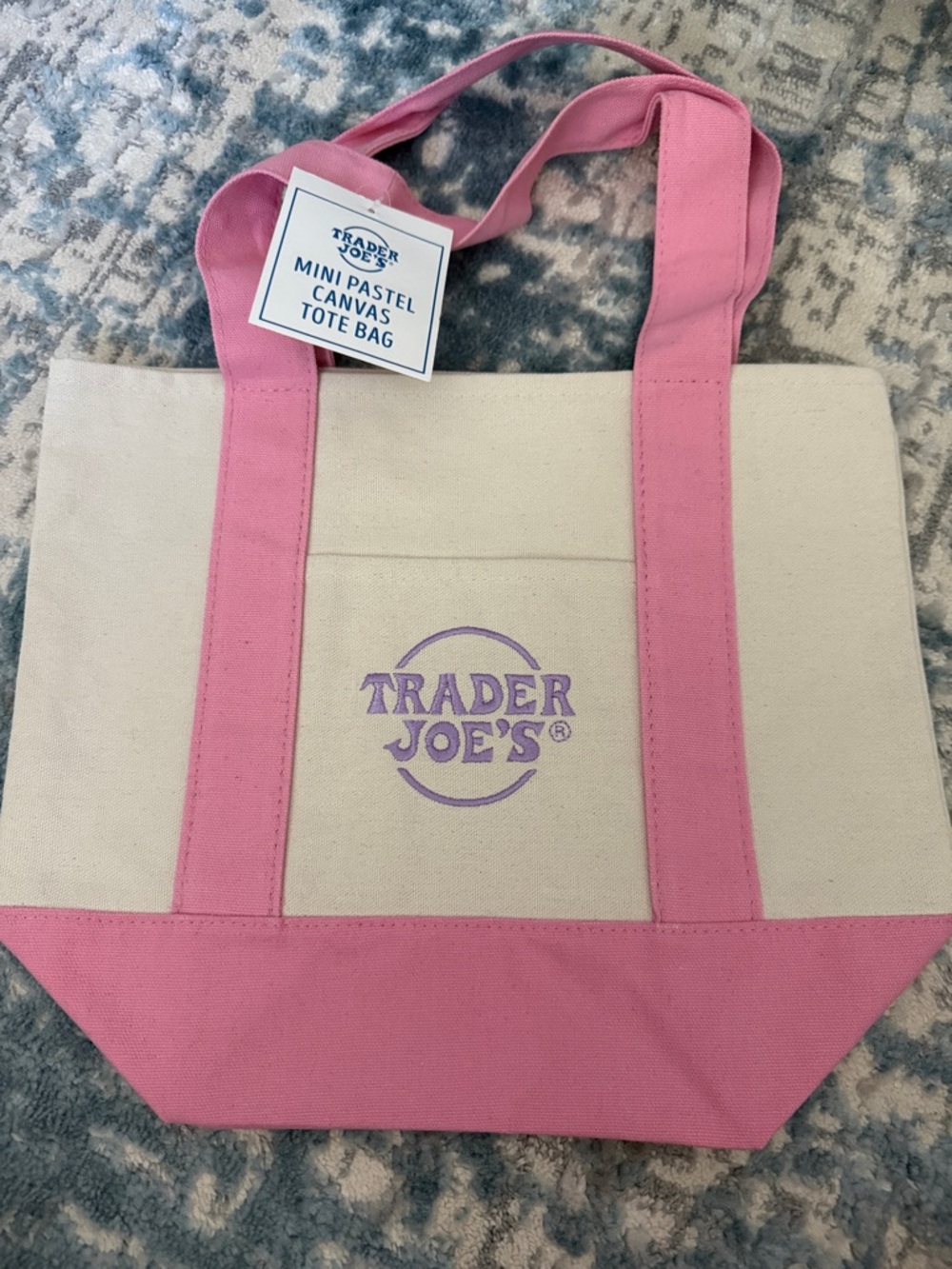 NWT…Trader Joe's Mini Canvas Tote - Pink & Cream. Pet and smoke free home.